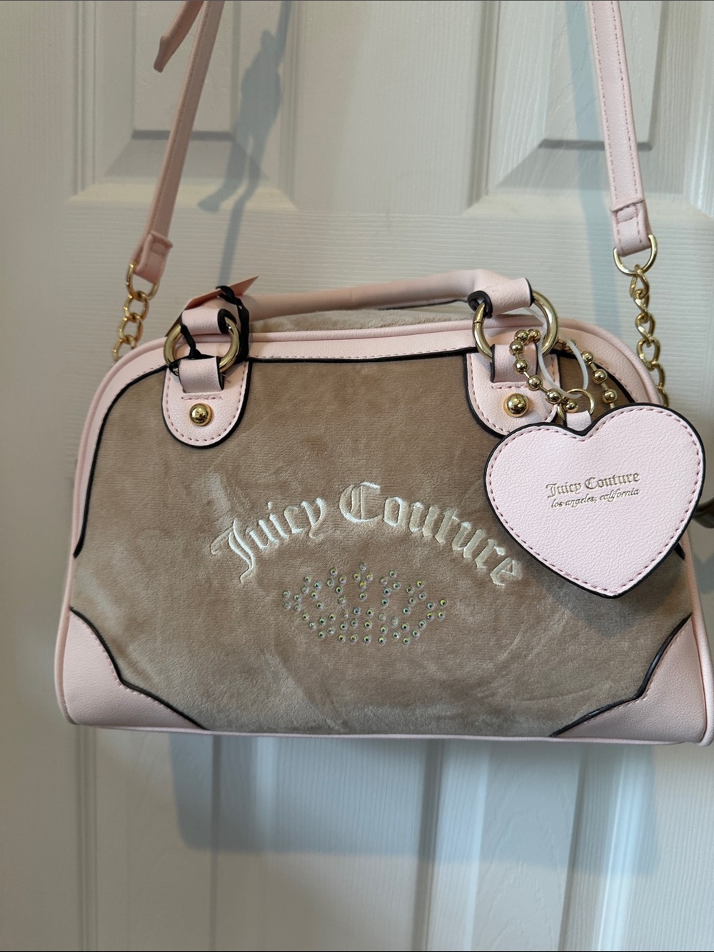 Juicy Couture Pink and Taupe Velour Satchel with Heart Charm